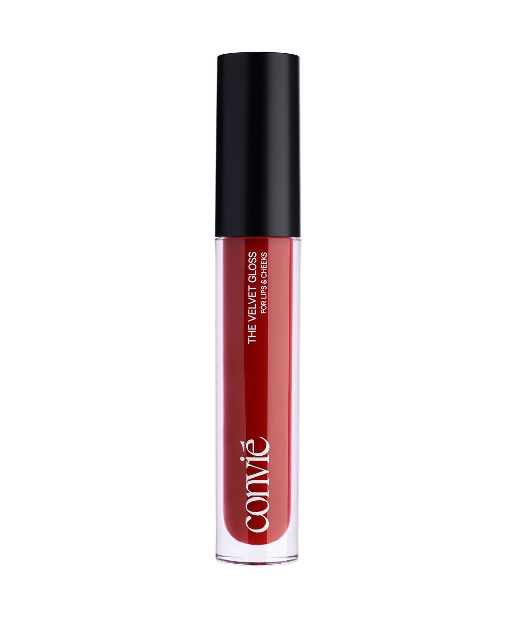 a red lip gloss in a clear bottle with black cap standing upright