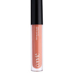 a nude lip gloss in a clear bottle with black cap standing upright