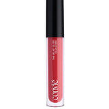 a pink lip gloss in a clear bottle with black cap standing upright