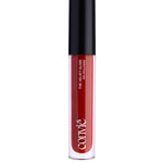 a red lip gloss in a clear bottle with black cap standing upright