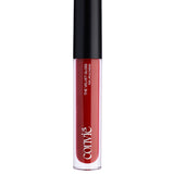 a red lip gloss in a clear bottle with black cap standing upright