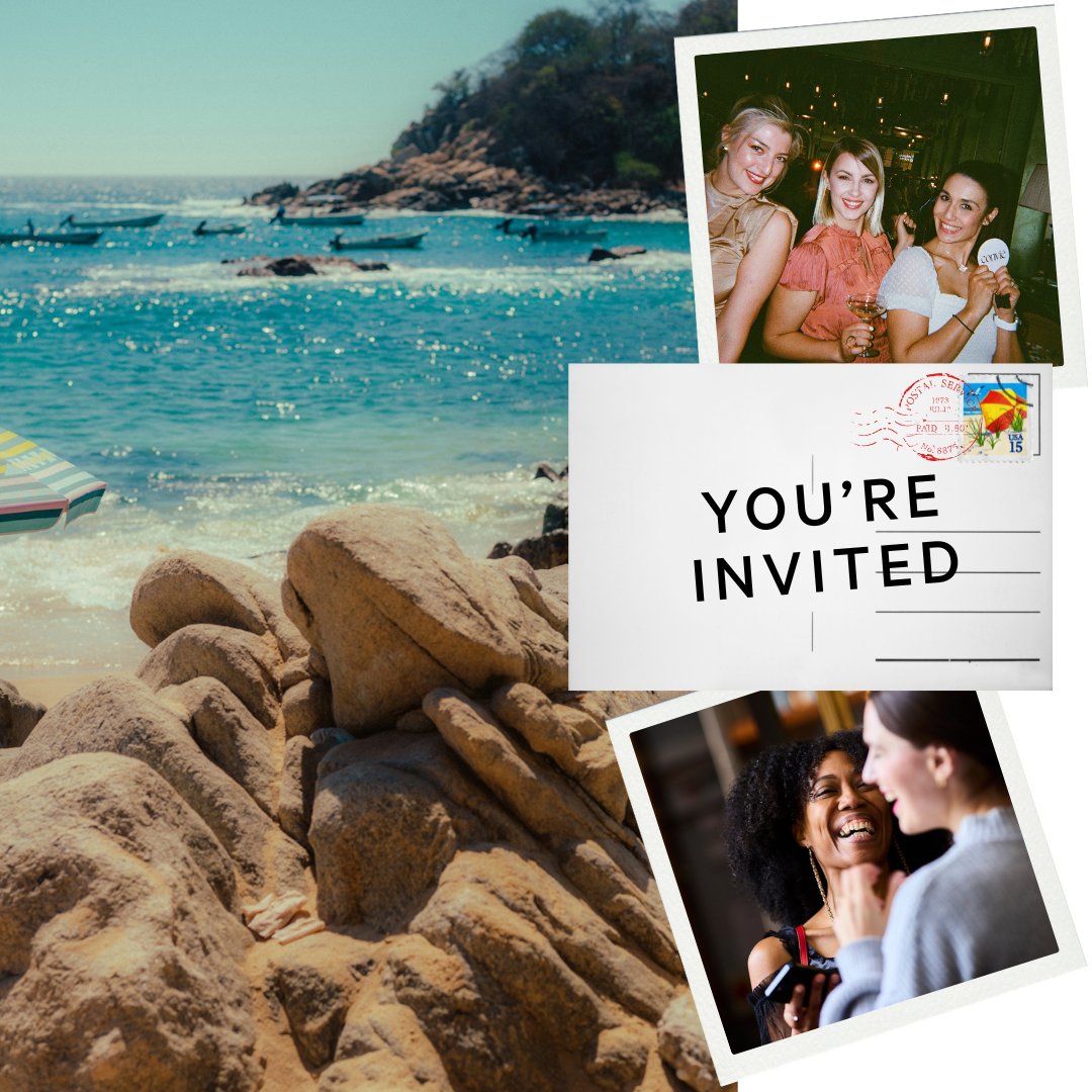 A collage-style image showcasing a rocky beach photograph, alongside two polaroid photos of women laughing and a postcard that says "You're Invited".