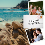 A collage-style image showcasing a rocky beach photograph, alongside two polaroid photos of women laughing and a postcard that says "You're Invited".